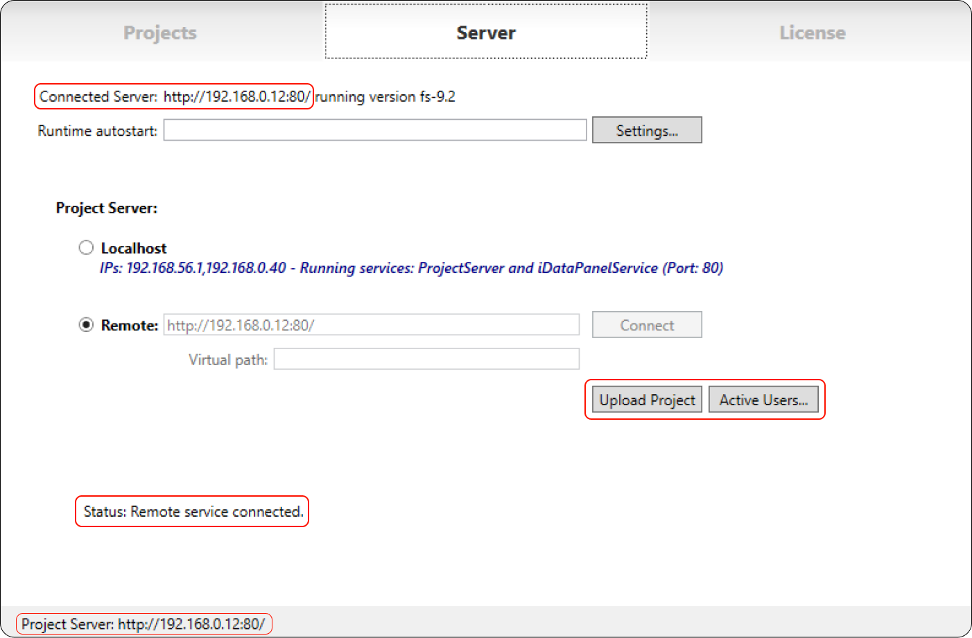The status message confirms if the connection succeed.