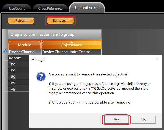 Remove... button located on Unused Objects