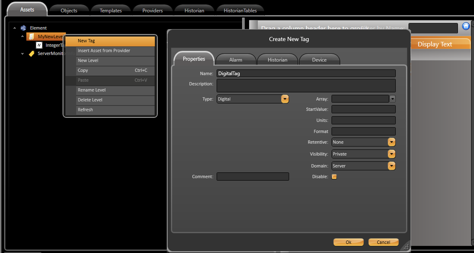 Right-click a level and select New Tag to create a new tag.