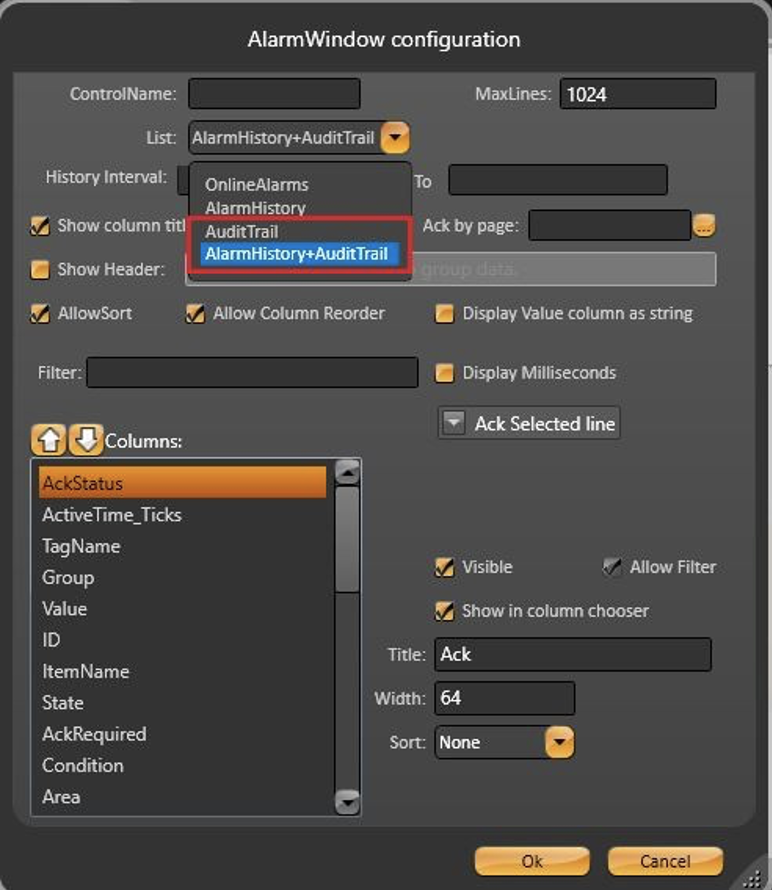 AlarmWindow configuration options
