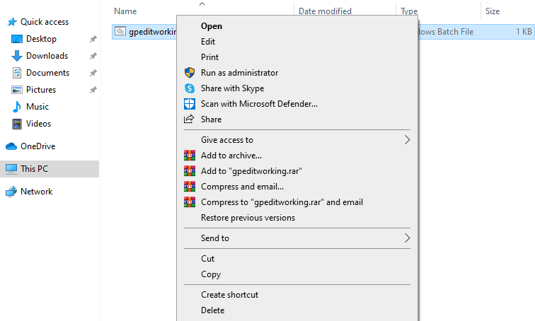 Right-click the .bat document and select Run as administrator