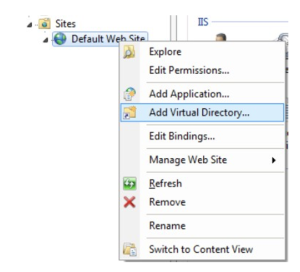 Right-click Default Web Site to find the Add Virtual Directory... option